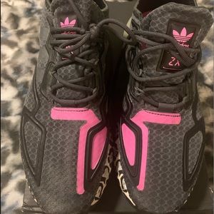 Grey, pink, & silver leopard Adidas ZX 2k Boost.